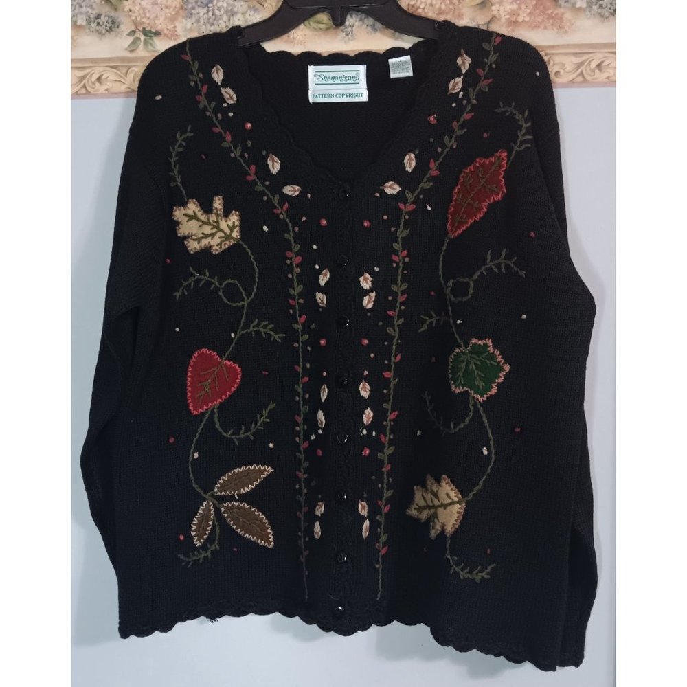 Shenanigans Medium Black Fall Leaves Button Down Knit Cottage Country Cardigan